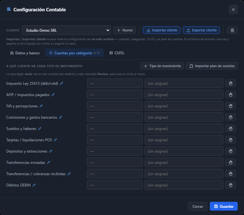 Configuración Contable, pestaña Cuentas por categoría con el botón Importar plan de cuentas