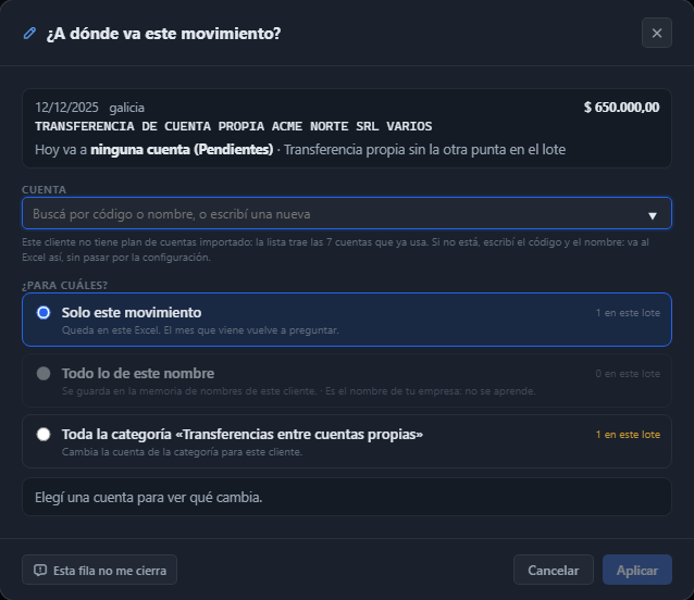 La ventana ¿A dónde va este movimiento?: elegir la cuenta y para cuáles movimientos aplicarla