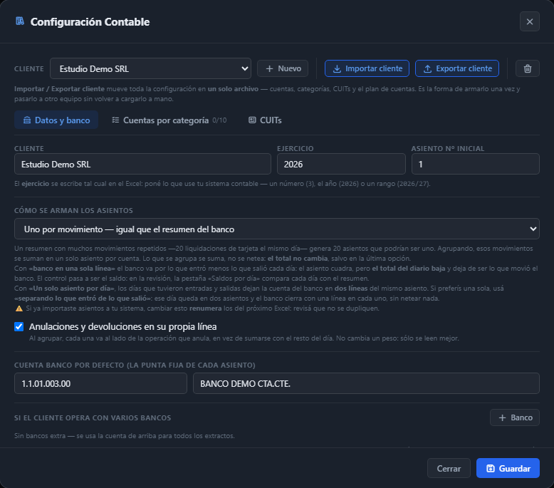Configuración Contable, pestaña Datos y banco: ejercicio, asiento inicial, cómo se arman los asientos y la cuenta del banco