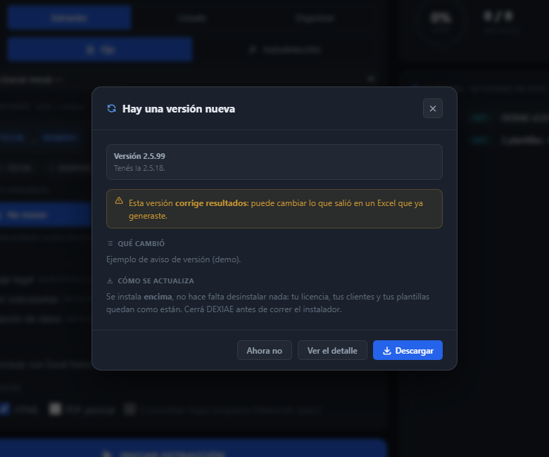 El panel que se abre al hacer clic, con el resumen de qué cambió y el botón de descarga