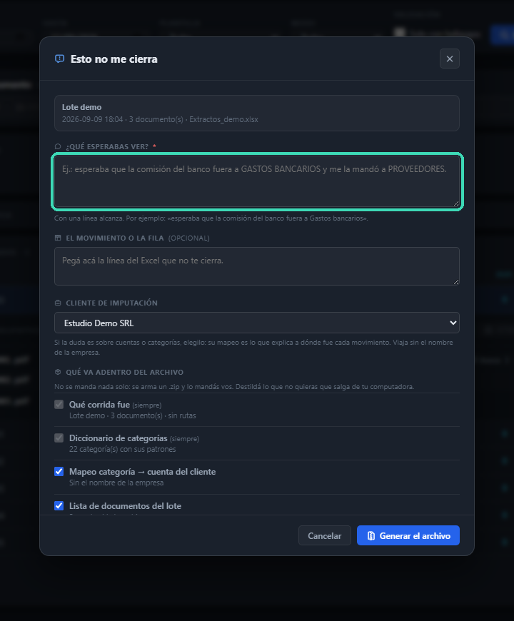 El panel de «Esto no me cierra» con la lista completa de lo que viaja en el archivo