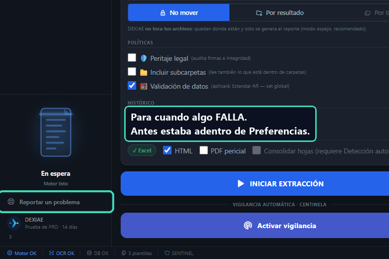 El acceso «Reportar un problema» en el pie de la barra lateral de DEXIAE