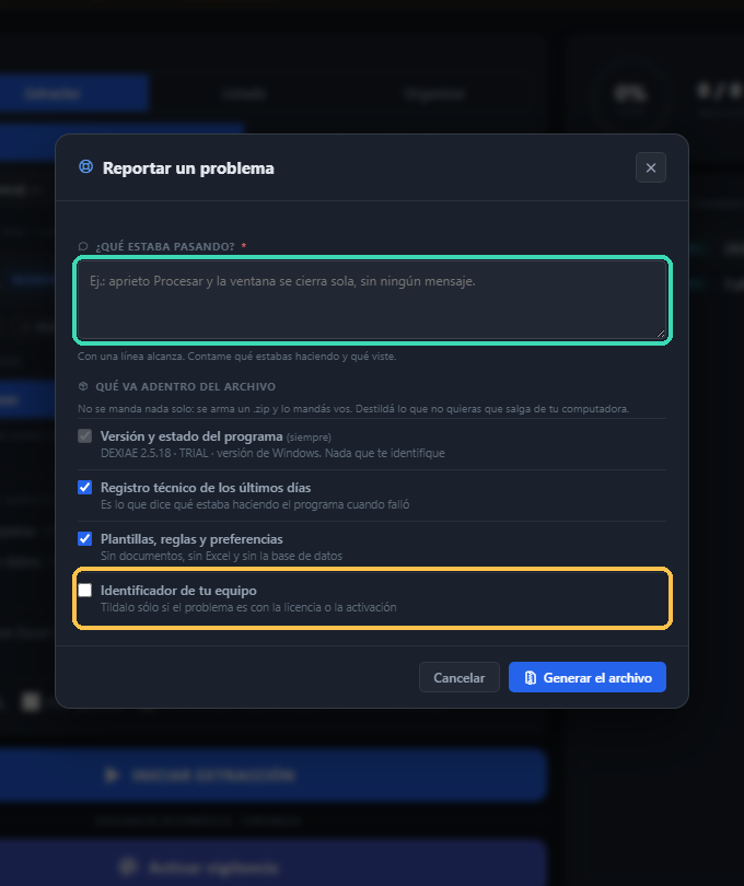 El panel de reporte técnico, con la lista de qué se incluye en el archivo
