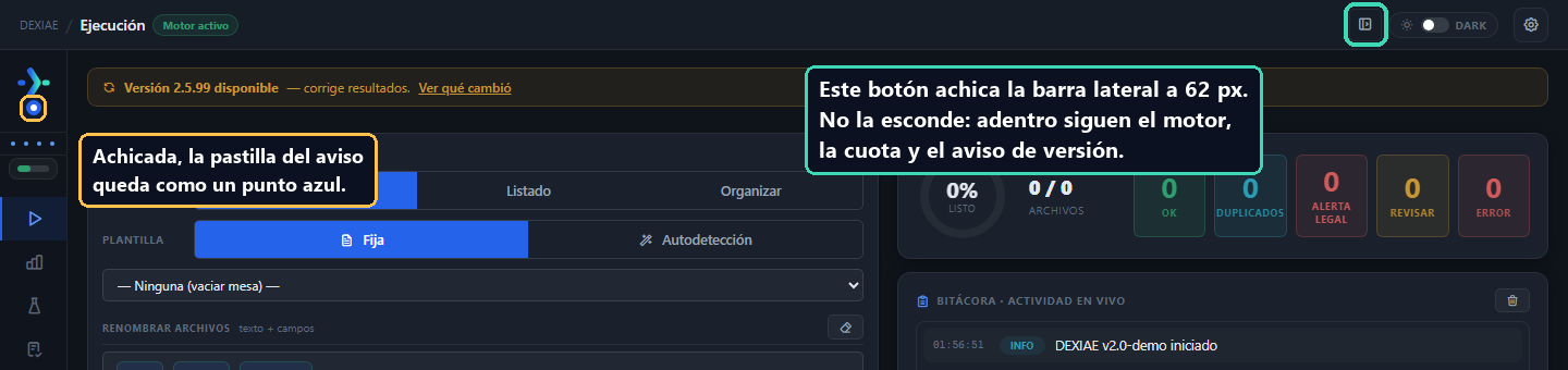 La barra lateral de DEXIAE achicada a un riel de 62 px, con el aviso de versión reducido a un punto azul