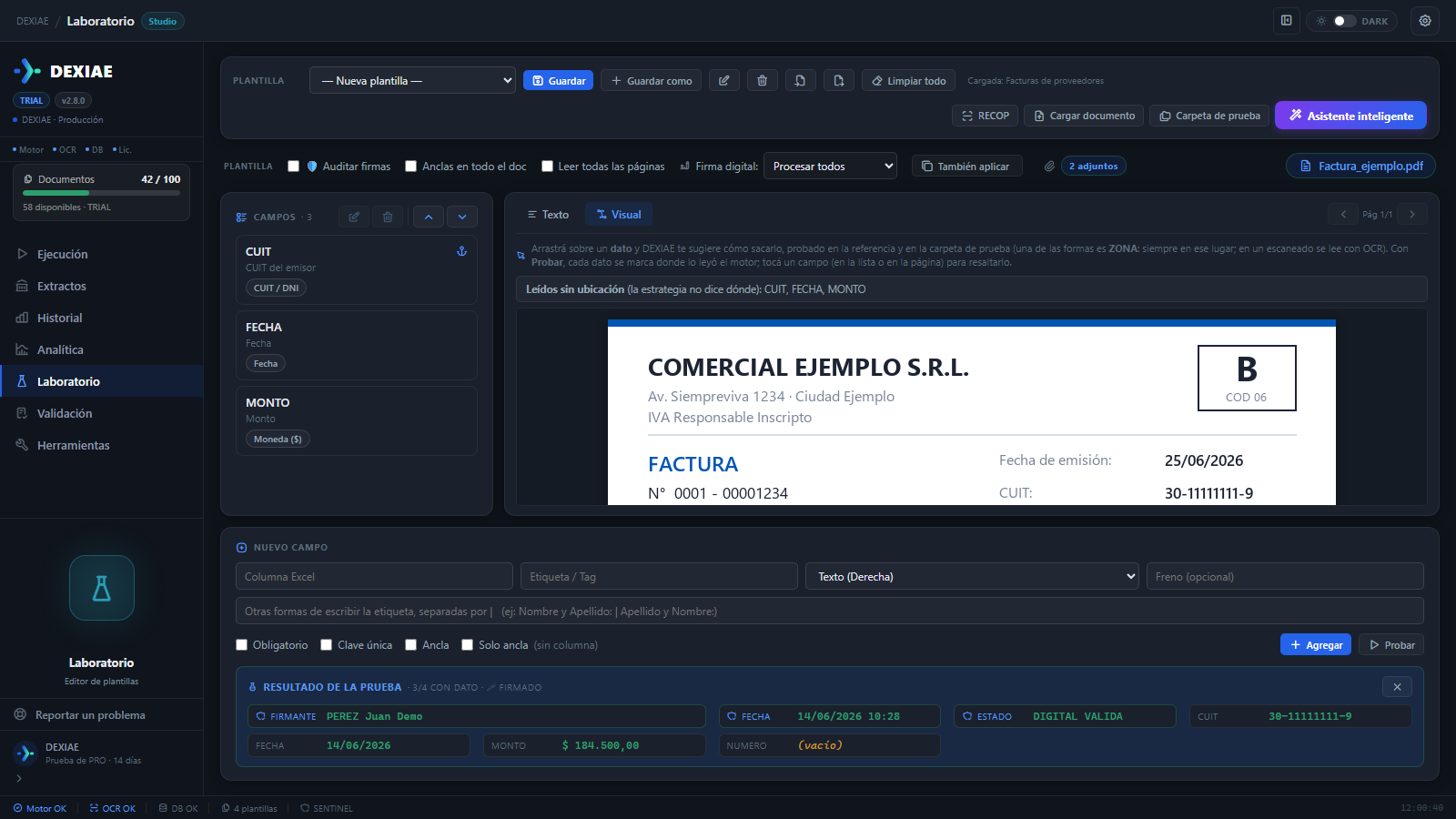 Laboratorio de DEXIAE en modo Visual con una factura de ejemplo y el resultado de la prueba de la plantilla